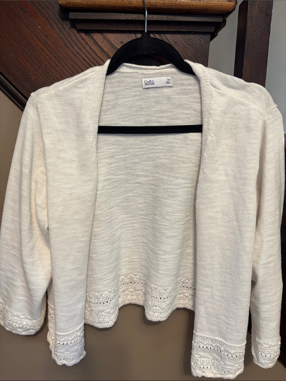 croft & barrow Cream Open-Front Cardigan with Crochet Trim